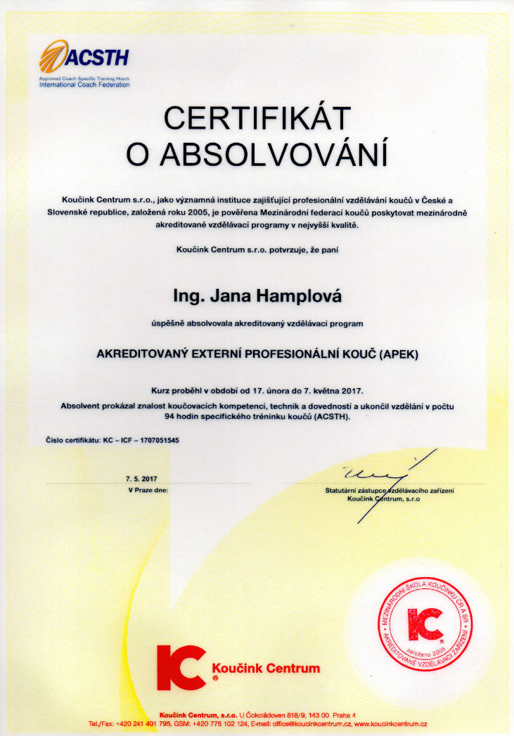 ing jana hamplova certifikat profesionalni kouc c