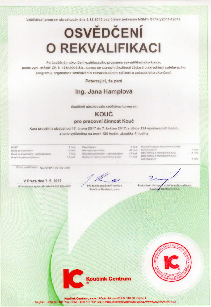 ing jana hamplova certifikat profesionalni kouc d