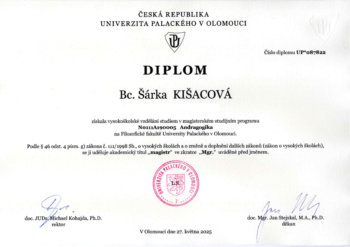 certifikát Šárka kišacová andragogika navazující