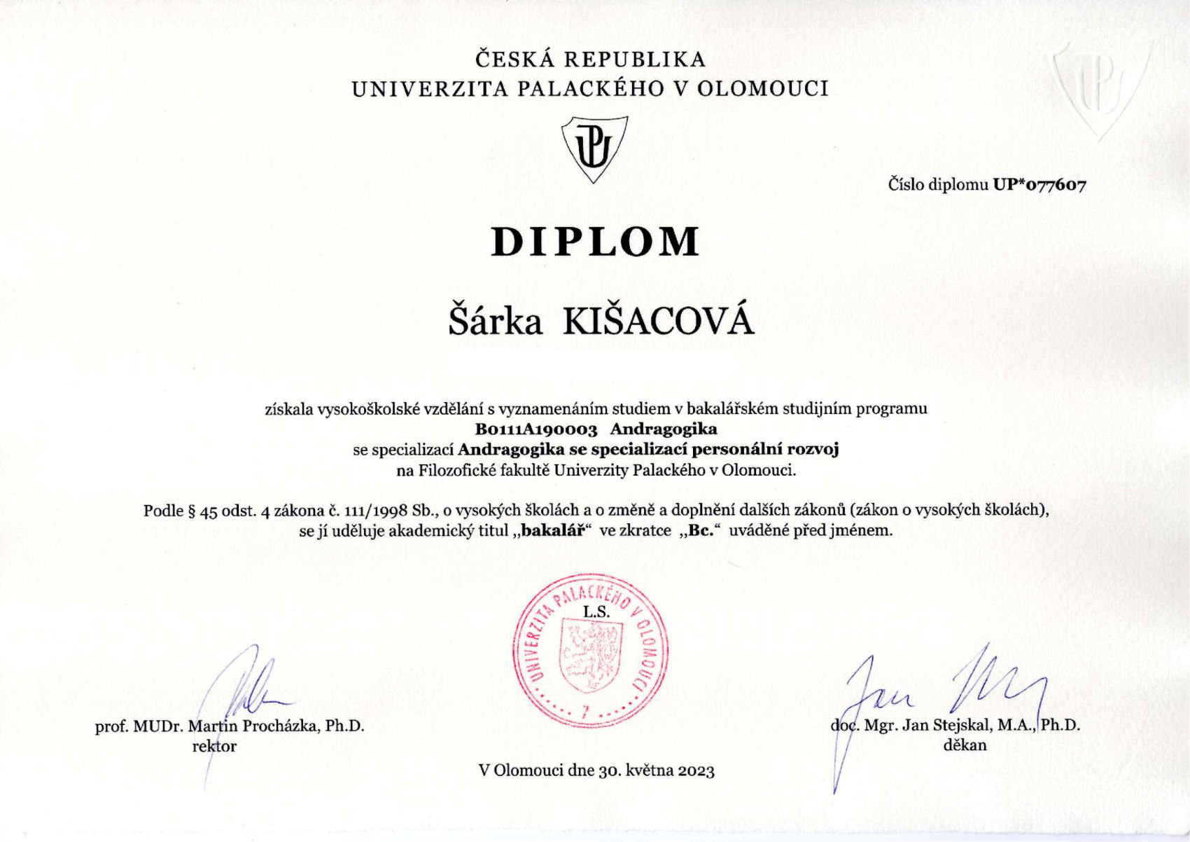 certifikát Šárka kišacová andragogika personální rozvoj